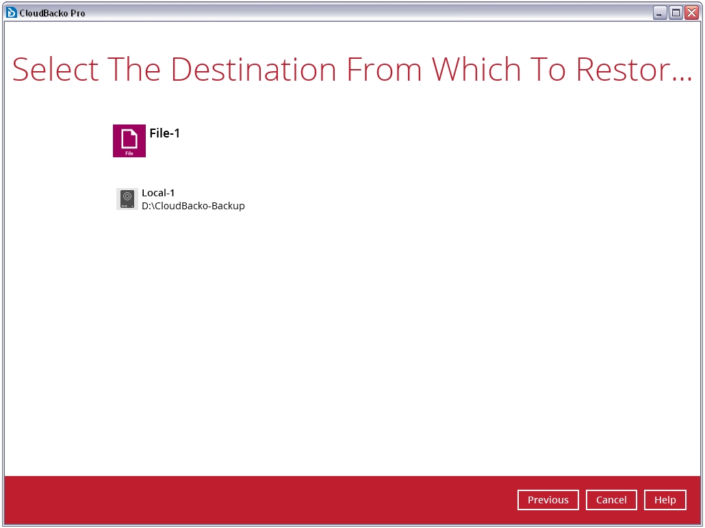 Select the destination from which to restore the data Image