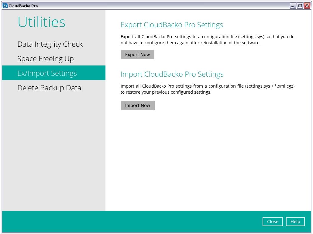 Import and export CloudBacko software settings for disaster recovery Image