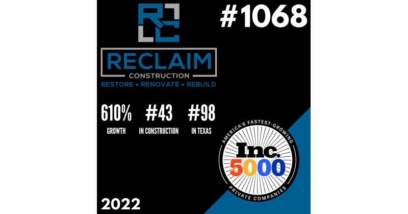 Reclaim Construction Ranks No. 1068 on the 2022 Inc. 5000 Annual List - Vimarsana News