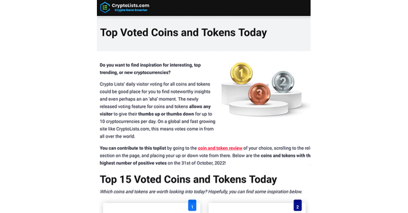 Crypto Lists Release Daily Visitor Voting for Coins and Tokens - Vimarsana News