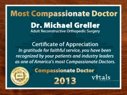 Freehold, NJ Orthopedic Surgeon Dr. Michael Greller Honored with a Vitals 2013 Compassionate Doctor Award for Second Consecutive Year