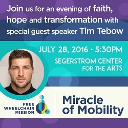 Tim Tebow Headlining Free Wheelchair Mission’s 13th Annual Miracle of Mobility Gala