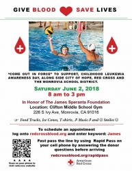 Community Rallies Behind Childhood Leukemia Warrior for a Blood Drive on June 2nd, Clifton Middle School Monrovia, CA