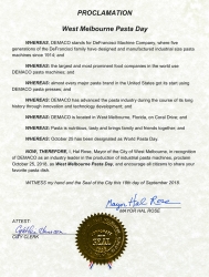 City of West Melbourne Issues Proclamation for October 25th as Pasta Day, and Honors the Pasta Industry and DEMACO