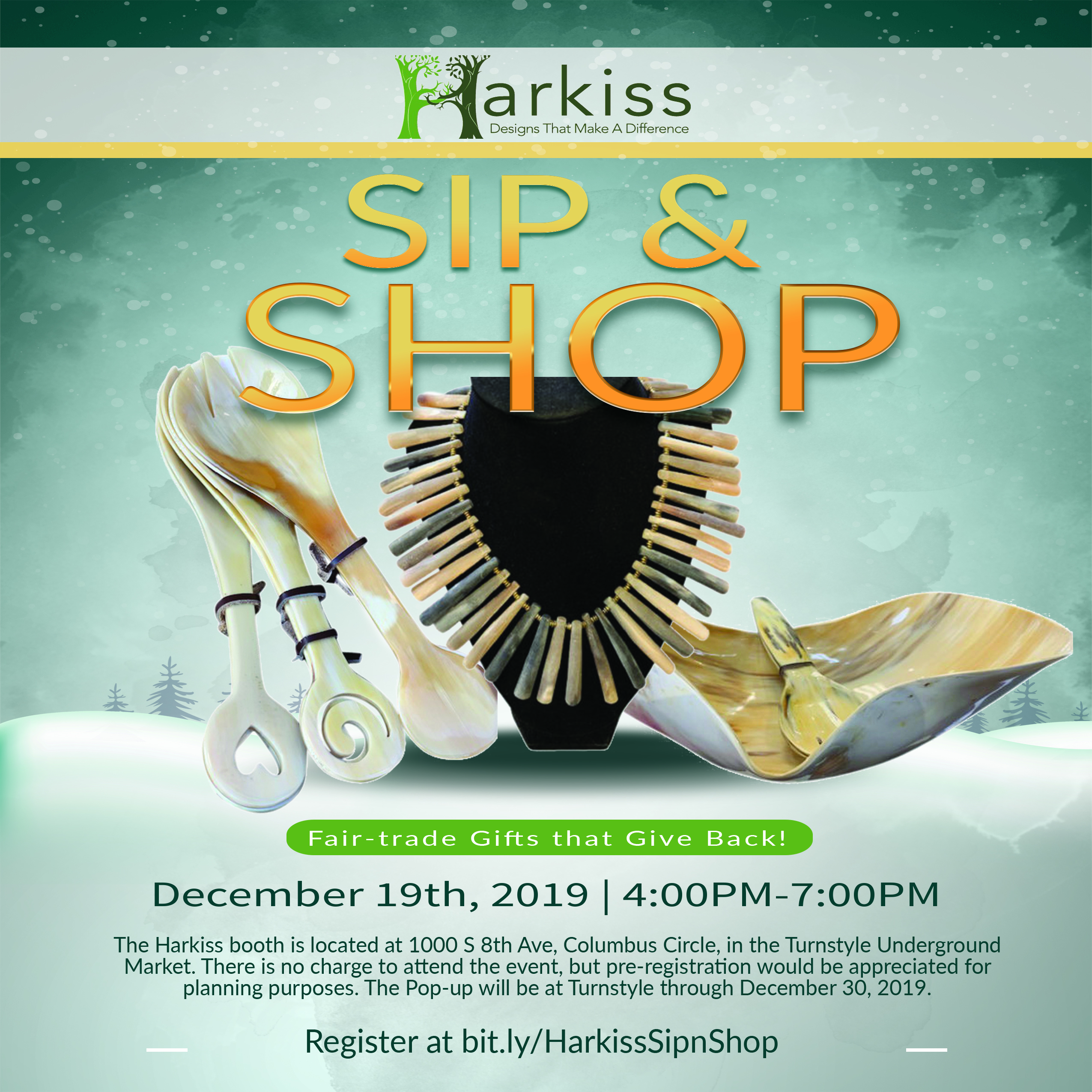 Fair-Trade Gifts That Give Back! Harkiss Designs Will Host Holiday Pop-Up Sip N Shop Event at Turnstyle Underground Market on December 19, 2019.