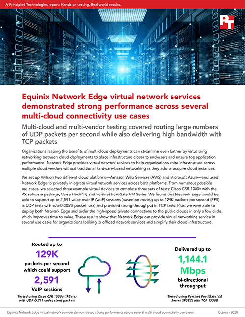Principled Technologies Releases Study Showing UDP and TCP Performance in Several Use Cases for Equinix Network Edge Virtual Network Services in a Multi-Cloud Deployment