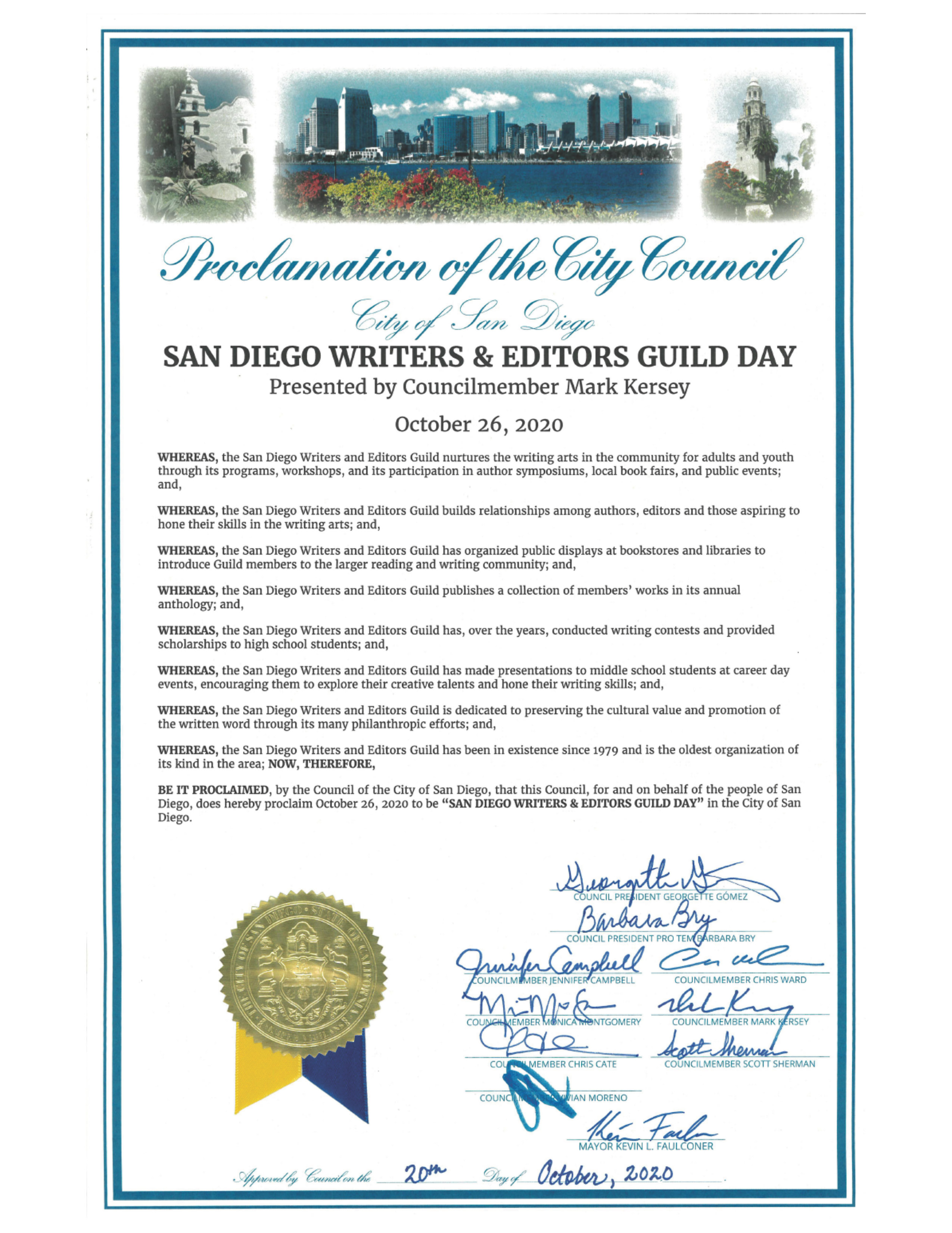 City Council Declares October 26 San Diego Writers and Editors Guild Day