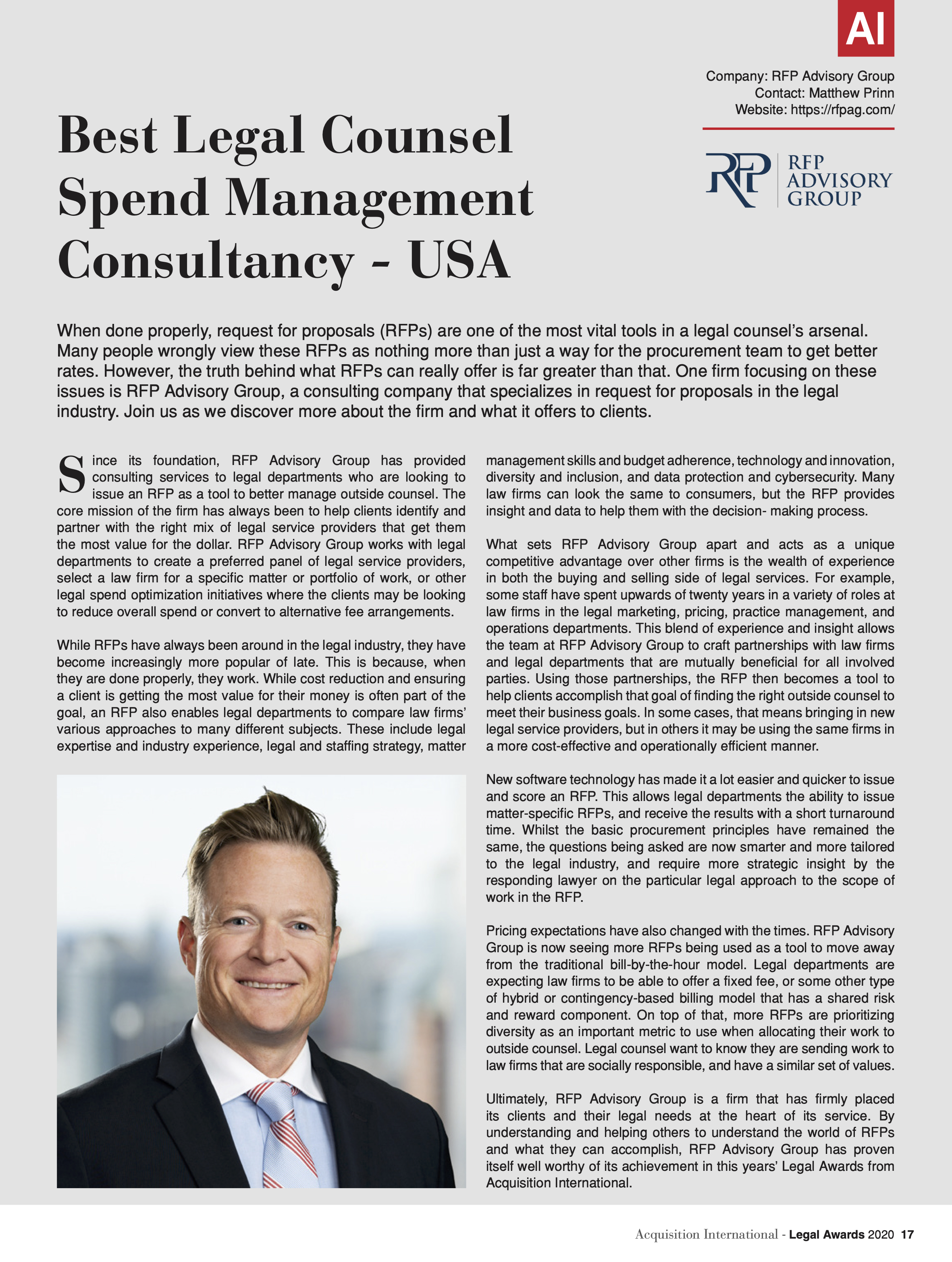 Matthew Prinn of RFP Advisory Group Has Been Named "Best Legal Counsel Spend Management Consultancy - USA" by AI Global Media