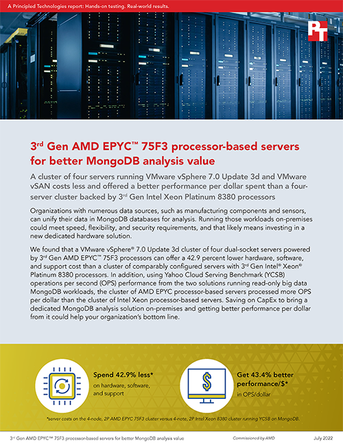 Principled Technologies Found AMD EPYC 75F3 Processor-Powered Servers Delivered MongoDB Data Analysis Performance Comparable to a Cluster of More Expensive Servers