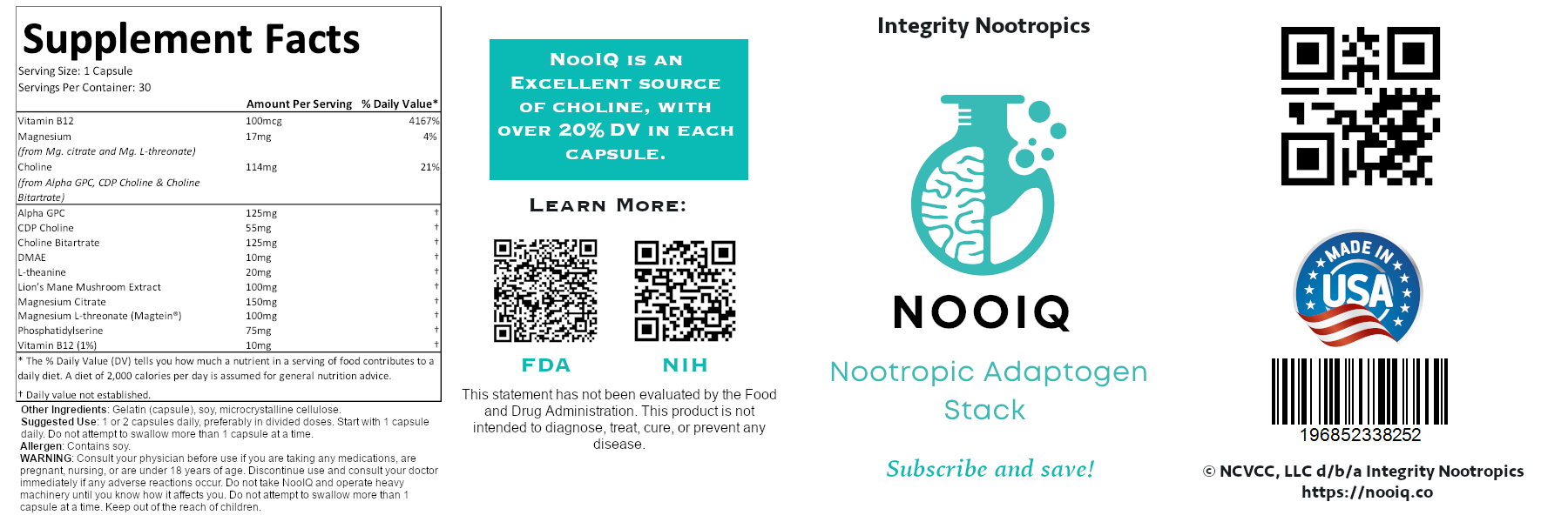 NooIQ™: Premium "Min-Stim" Nootropic Adaptogen Supplement Stack for Memory and Learning