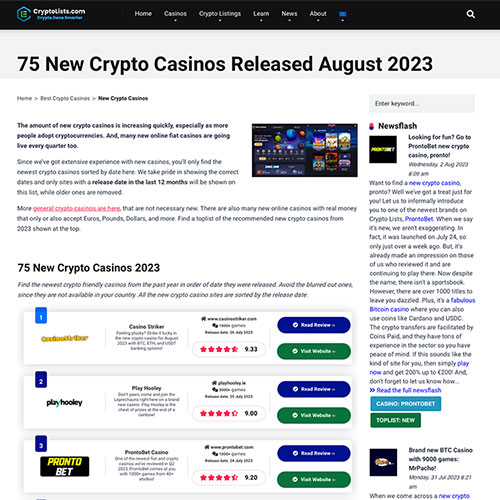 Crypto Lists Hits a Milestone with 75 Newest Crypto Casino Reviews