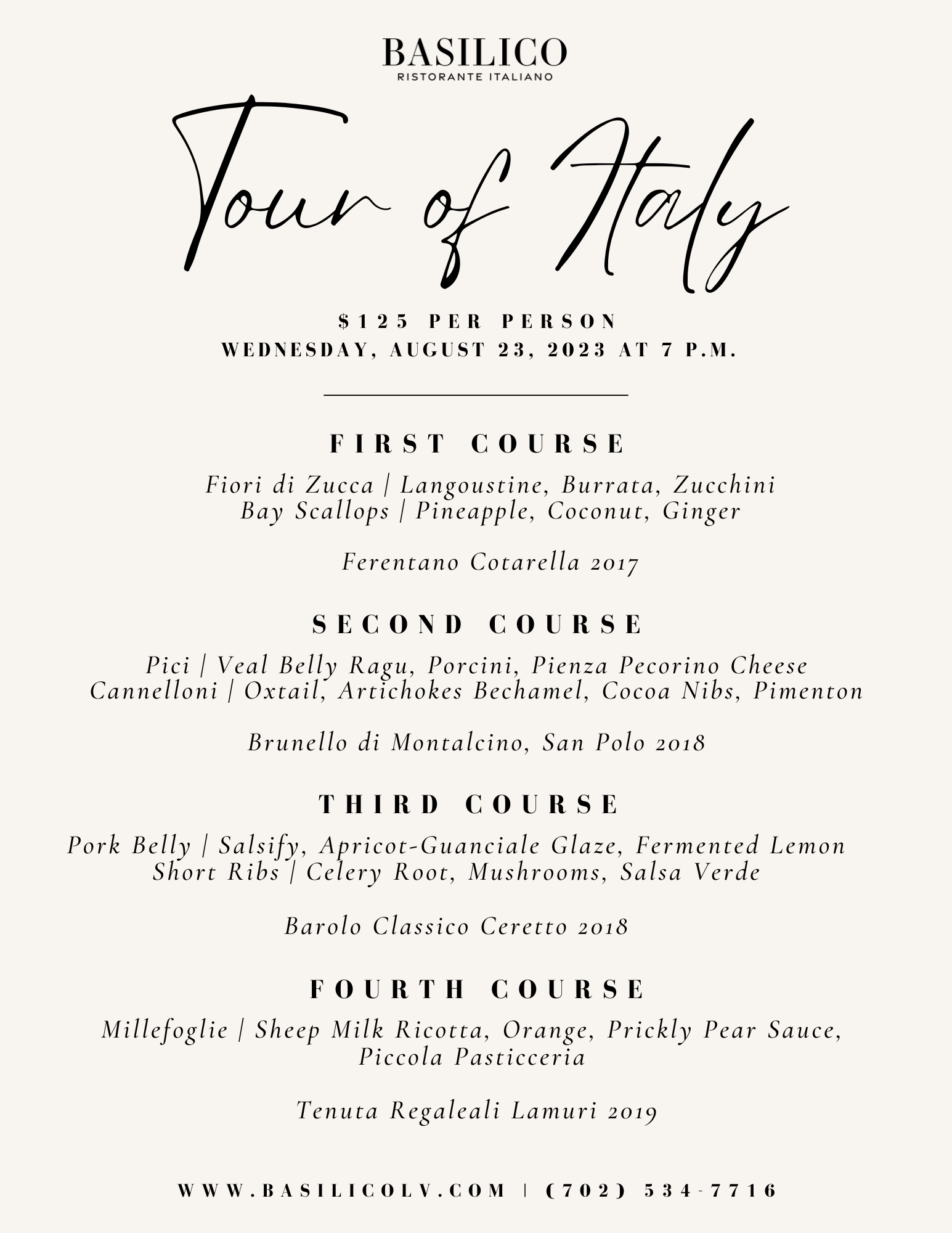Indulge in a Quality Dinner Experience with a "Tour of Italy" at Basilico's First Wine Dinner Located in Evora in Southwest Las Vegas