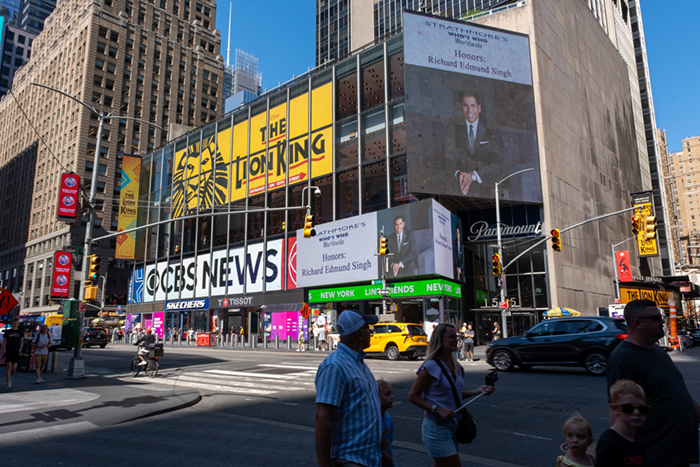 Richard Edmund Singh Featured on Times Square Billboard to Honor His Strathmore's Who's Who Worldwide Lifetime Achievement Award