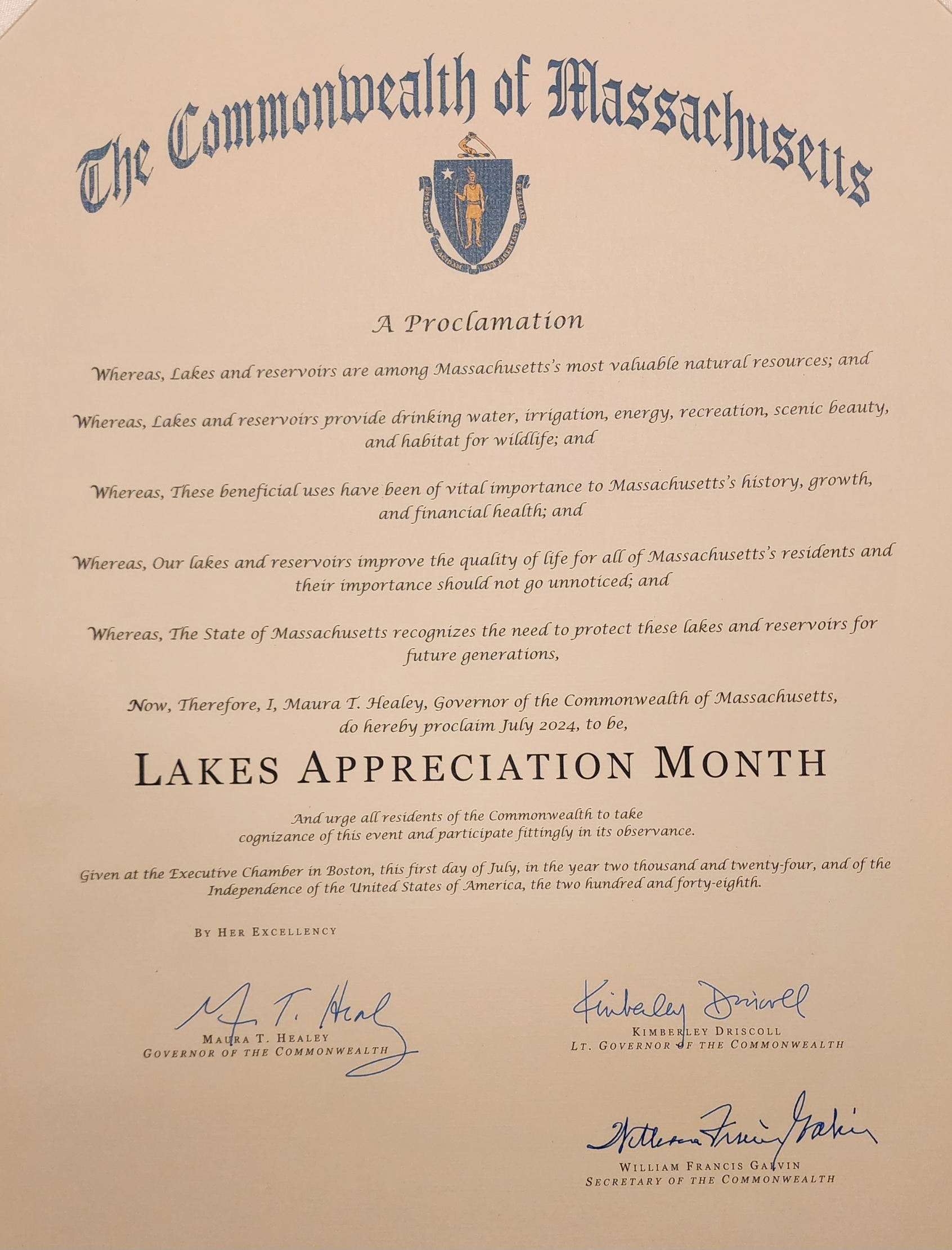 Governor Maura T. Healey Proclaims July 2024 Lakes Appreciation Month