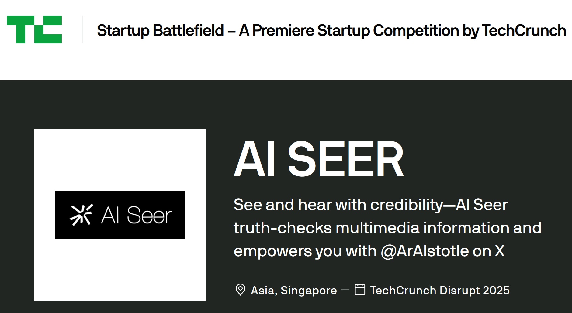AI Seer Showcasing Its Truth-Checking @ArAIstotle Agent and $FACY at TechCrunch Disrupt and Token2049 at Booths C27 and MB5-9 in San Francisco & Singapore Respectively