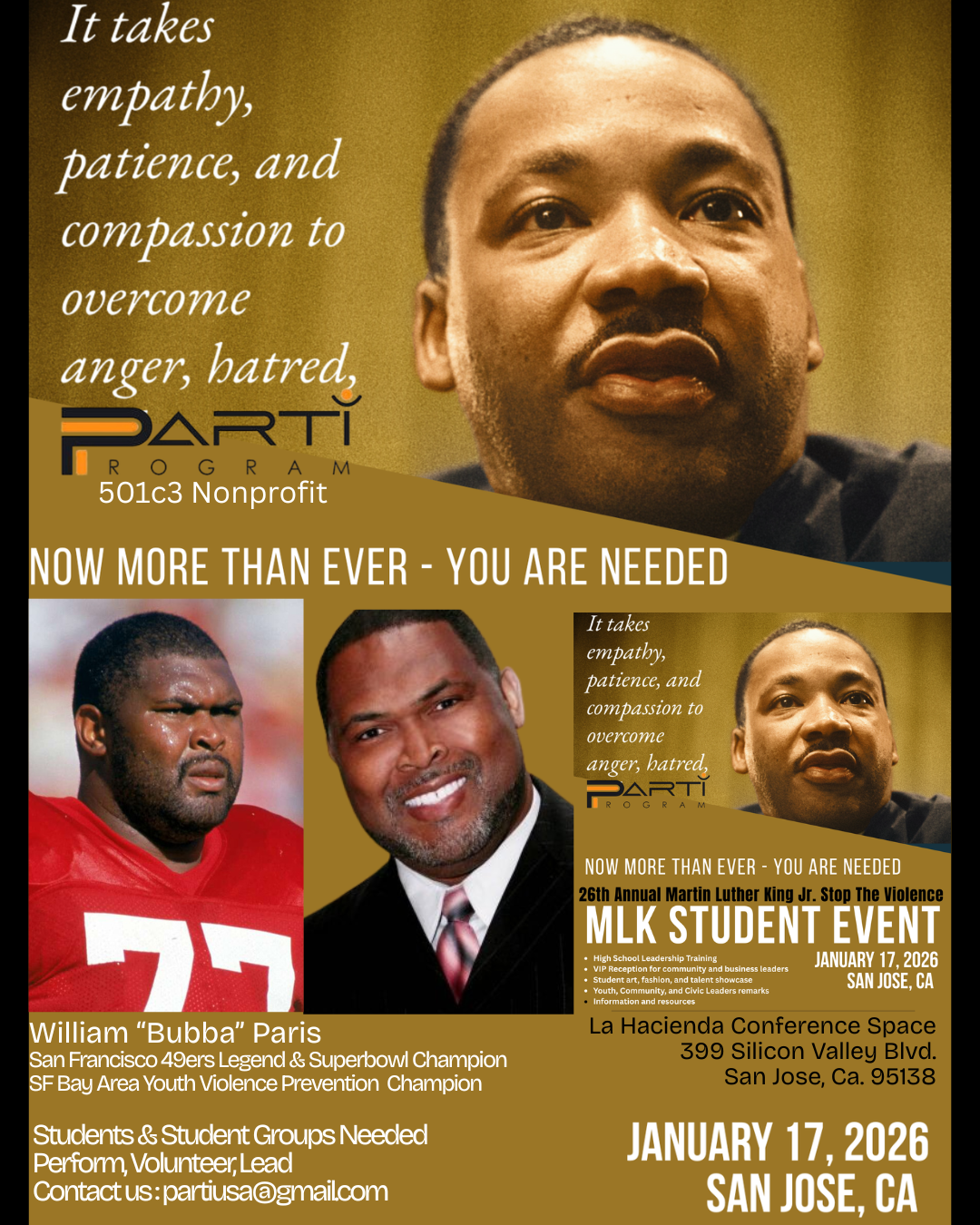 3 Time Super Bowl Champion support Bay Area Youth as the Host of the PARTI Program 26th Annual Martin Luther King Jr. Stop the Violence Event on January 17, 2026