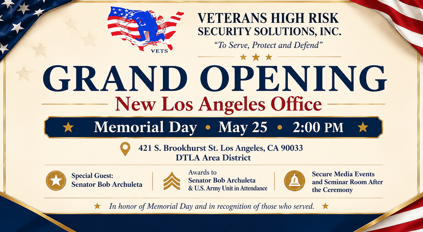Veterans High Risk Security Solutions, Inc. Announces Its Los Angeles Office Grand Opening with Senator Bob Archuleta, Military & Veterans Affairs Chair
