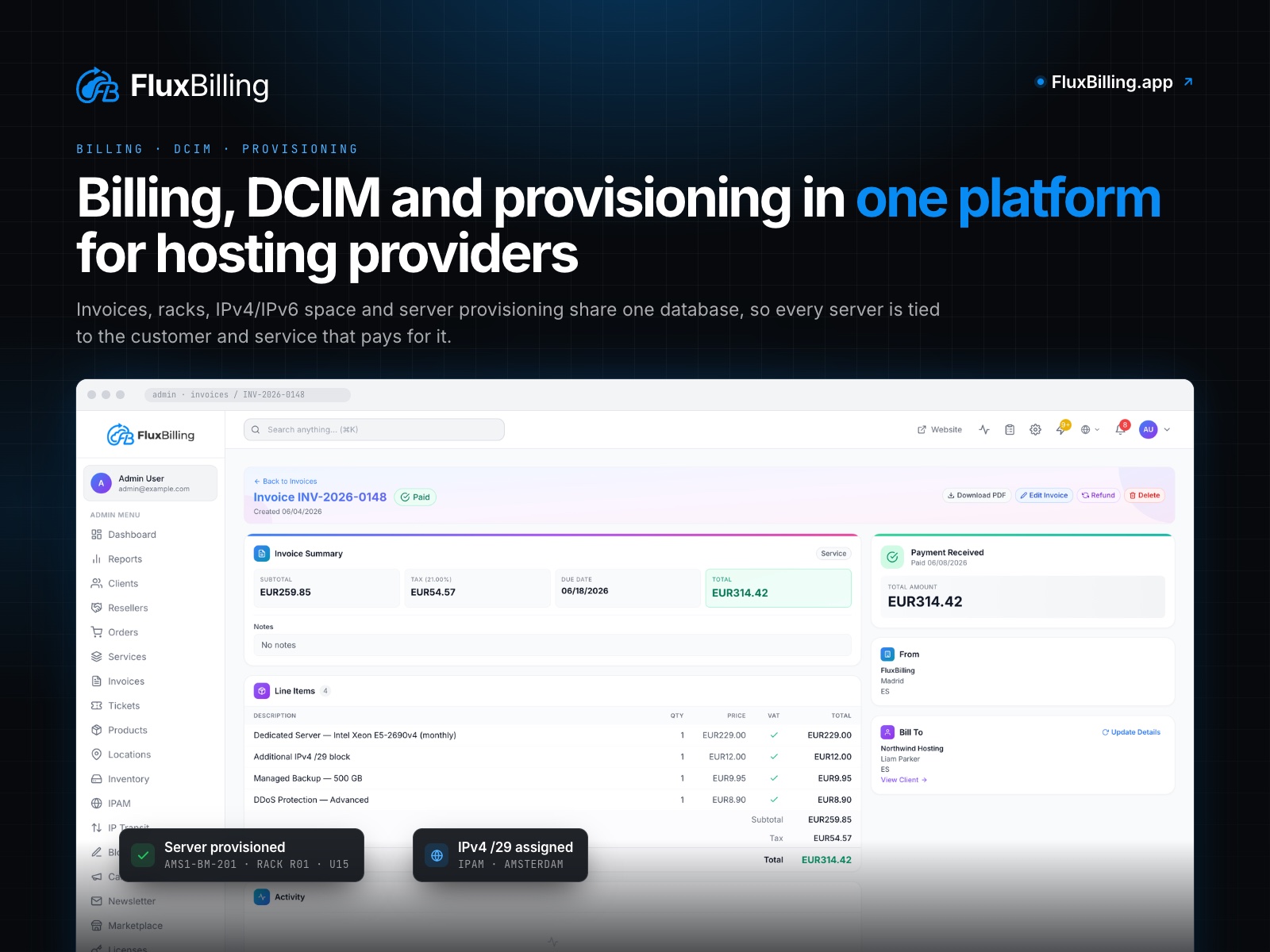 Hosting Billing Platform FluxBilling Combines Invoicing, DCIM and Server Automation