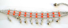 Orange beaded 3 chains connected fashion bracelet with multi mini bells attached on bottom