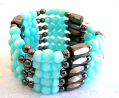 2005 fashion trend, one string forming hematite bracelet with multi blue cat eye stones and faceted