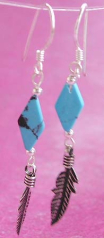 Wholesale fashion jewelry, sterling silver earring with turquoise stone and silver leaf dangle