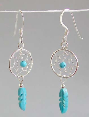 Jewelry gift idea, spider web sterling silver earring with blue faux stone bead dangle