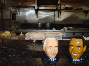 Obama and Biden bringing salt and pepper to the kitchen