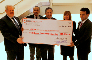 Check Donation Photo: BAPS Charities presents check of $47,000  to UNICEF for Haiti Earthquake Relief Fund