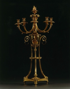 A Large Pair of Late Louis XVI Five-Light Neoclassical Gilt-Bronze Candelabra