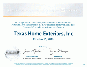 Texas Home Exteriors Platinum Certification