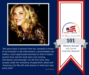 Kyra Sommerville Moore graphic with 101 heroes served and hero testimonial