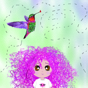 Gogi in the garden with the hummingbird