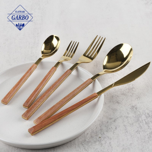 Tableware Golden Cutlery Set with ABS Wooden Design Plastic Handle.