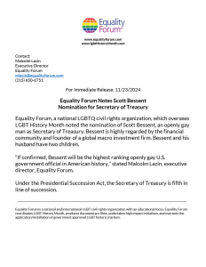 Equality Forum Notes Scott Bessent Nomination for Secretary of Treasury