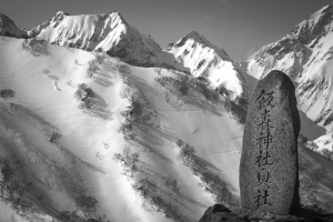 Snowboarder with Hakuba Shrine