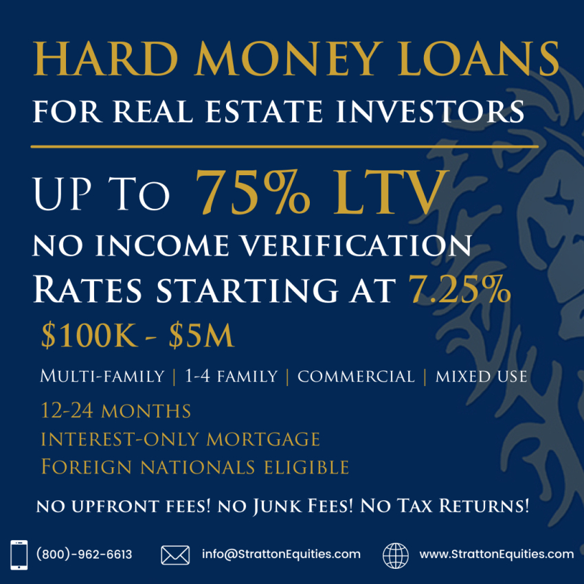 Hard Money Loan - Rates Started at 7.25%/Up to 90% LTV