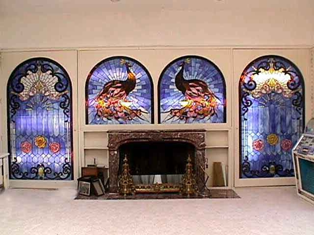 3 Panel Art Nouveau Leaded Glass Floral Peacock Stained Glass Window