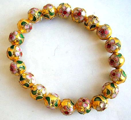 Fashion stretchy bracelet with multi rounded golden handmade enamel cloisonne flower beads design