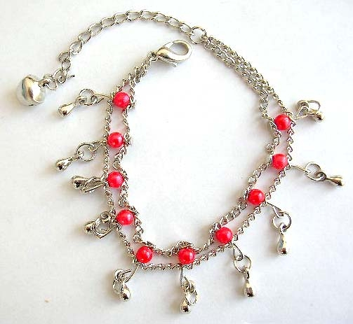 Fashion bracelet in double chain pattern design with multi red beads and mini water-drop shape silve