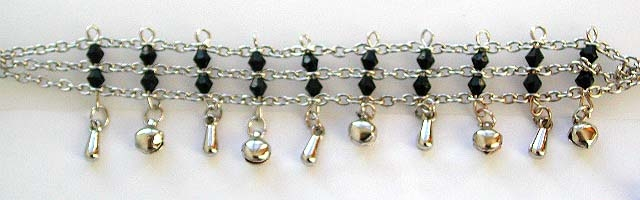 Black beaded 3 chains connected fashion bracelet with multi mini bells attached on bottom