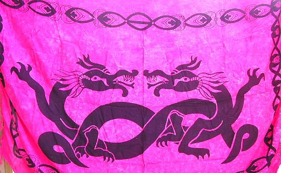 Wholesale beachwear, pinkish rayon sarong with double mystic figures at center