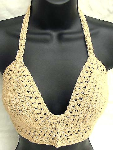 Natural crochet top with swirl cup and botton with triangle pattern