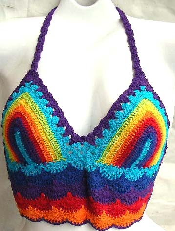 Rainbow crochet top with swirl cup and bottom design in fan pattern