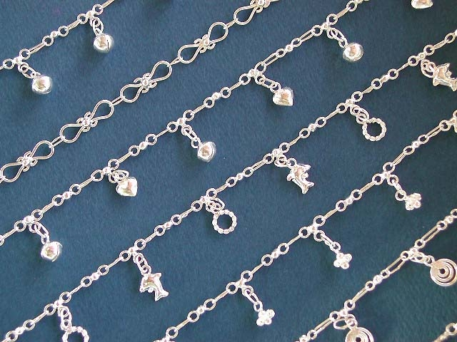 Wholesale anklet, sterling silver anklets with assorted pattern design drop charms or jingle bells