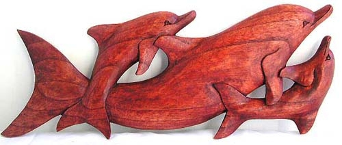 Abstract carving 3 dolphin family plaque, made of tropical hard wood