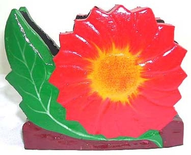 Red flower with green leaf wooden napkin holder