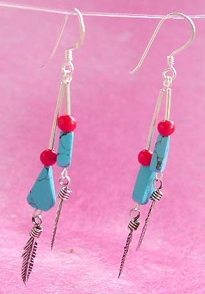 Wholesale trendy earring, double strip sterling silver earring with turquoise and red beads