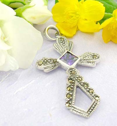 Quality cross pendant shopping multi marcasites and multi mini purple cz forming in cross shape desi