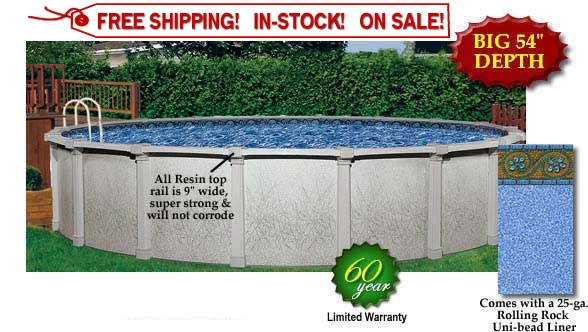 San Marino 15’ Round 54” Steel Wall Pool with Resin Toprail and S.S. Panel with 25-Ga. Rolling Rock