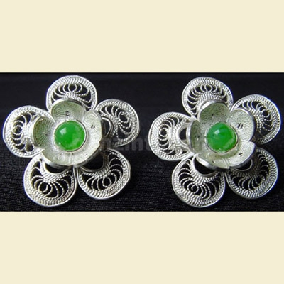Silver Earring Flower Green Jewel